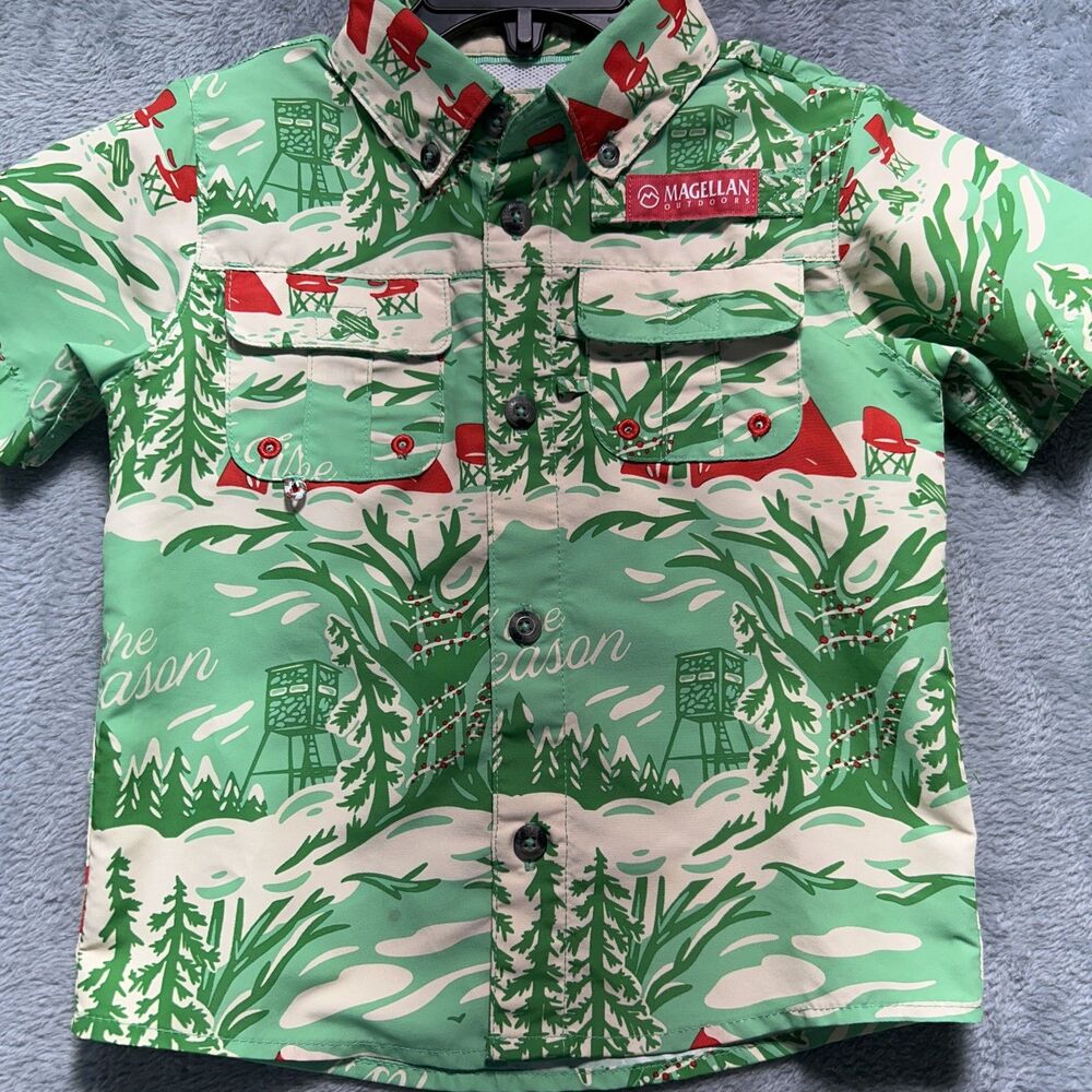 Magellan Outdoors Shirt Toddler 3T Green Fishing Holiday Camping Button Up Print